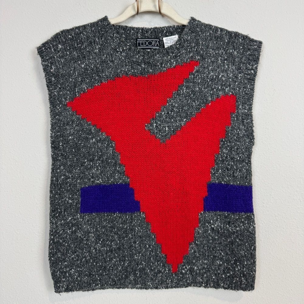 Vintage 90s Fedora Wool Acrylic Sweater Vest Grey Red S